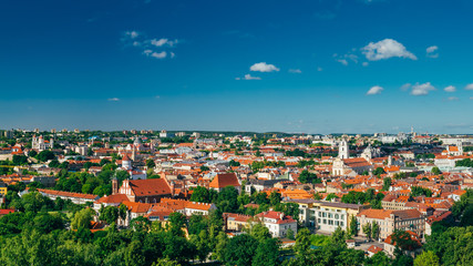Fototapeta na wymiar Cityscape Of Vilnius, Lithuania In Summer. Beautiful Panoramic View Of Old Town In Evening.