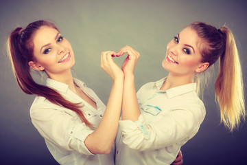 Family and relations. Love affection concept. Two lovely attractive women playing together. Charming playful sisters have fun smiling. Girls making heart sign symbol with hands