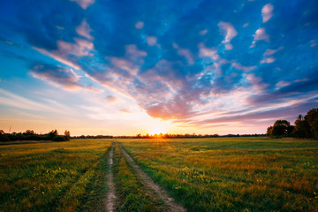 Fototapeta premium Sunset, Sunrise Over Rural Field Meadow. Bright Dramatic Sky