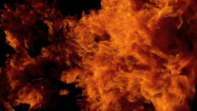 Full screen high speed Fire ball explosion from left to right, slow motion fire flamethrower isolated on black background with alpha channel, perfect for cinema, digital composition, video mapping.