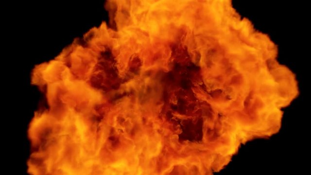 High Speed Fire ball explosion towards to camera, cross frame ahead transition, slow motion fire flamethrower isolated on black background with alpha channel, perfect for cinema, digital composition.