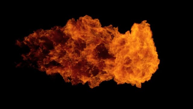 High Speed Fire ball explosion from left to right, slow motion fire flamethrower isolated on black background with alpha channel, perfect for cinema, digital composition, video mapping.