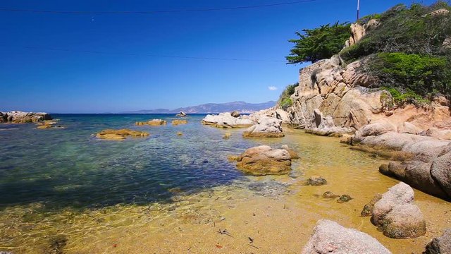 Mediterranean island with pine trees and tourquise clear water near Ajaccio, Corsica, France, Europe.