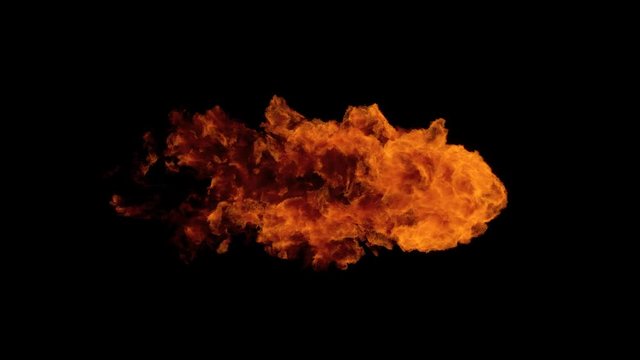 High Speed Fire ball explosion from left to right, slow motion fire flamethrower isolated on black background with alpha channel, perfect for cinema, digital composition, video mapping.