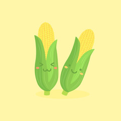 Cute Corn vegetable mascot on yellow background vector illustration.