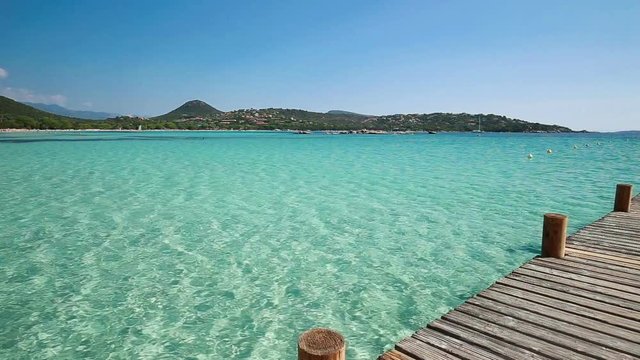Wooden bridge in Santa Giulia sandy beach with pine trees, Corsica, France, Europe. 
