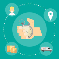 Human hand points at stopwatch timer isolated on green background. Fast delivery banner, vector illustration. Shipping and moving service. Professional courier service.