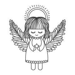 cute angel with wings and halo and holding star silhouette. Vector illustration