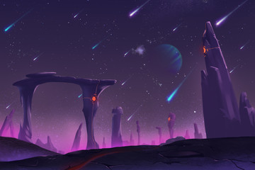 Fantastic and Exotic Allen Planet's Environment: Meteor Shower at Night. Video Game's Digital CG Artwork, Concept Illustration, Realistic Cartoon Style Background   © info@nextmars.com