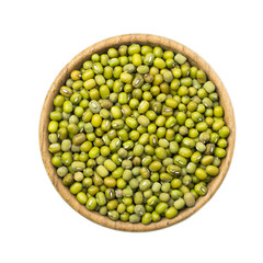 Mung beans in wood bowl isolated on white background