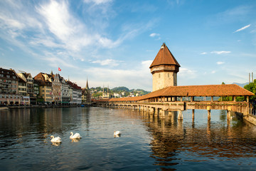 Lucerne with famous Chapel Bridge and lake, Switzerland.