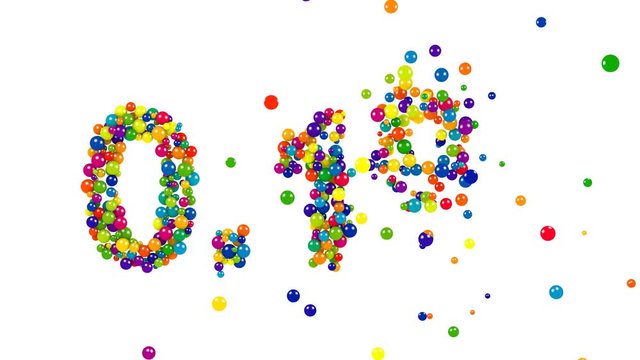 Bright colorful naught point one percent symbol formed of rainbow colored spheres in a dense pattern isolated on white for business and banking themes