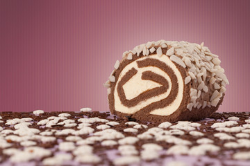 Delicious cake on colorful background with copyspace