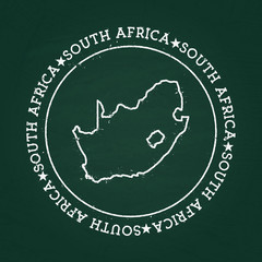 White chalk texture rubber seal with Republic of South Africa map on a green blackboard. Grunge rubber seal with country outlines, vector illustration.