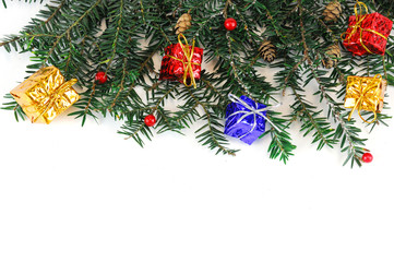 Christmas tree leaf and gift boxes isolated on white background