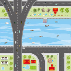 Top view of the city of streets, roads, houses, treetop, vector