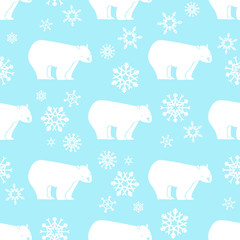 White bear seamless pattern with snowflakes white and blue