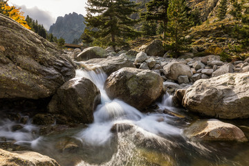 Waterfalls in the mountains of Restonica valley in Corsica