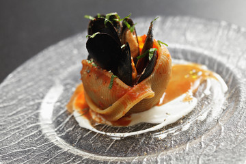 Pasta with mussels closeup