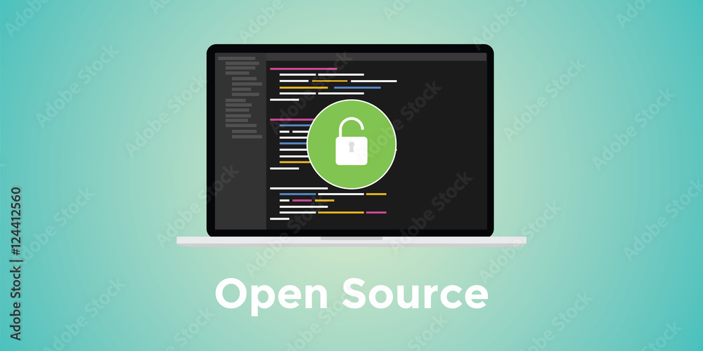 Poster open source code program technology software development with blue background