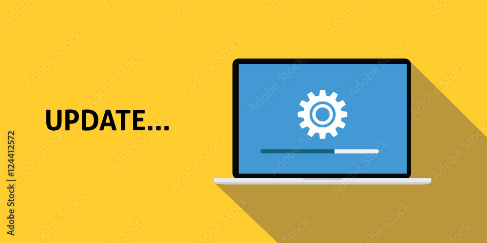 Poster data update or synchronize with bar process with yellow background and long shadow flat style