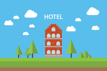 Fototapeta premium hotel concept with building standing with blue sky background flat tree