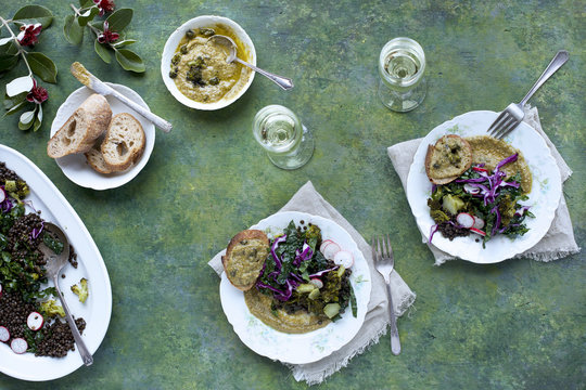 Plates Of Fresh Salad With Broccoli Pesto