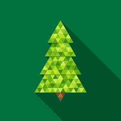 Abstract Christmas tree out of triangles with long shadow on green background