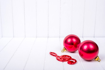Naklejka na ściany i meble Christmas decoration on a white striped background - selective focus, copy space