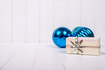 Christmas decoration on a white striped background - selective focus, copy space