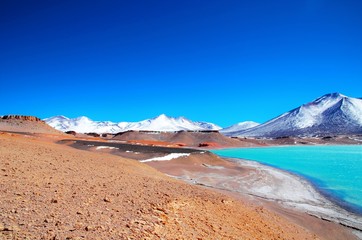 Long shot of the Laguna Verde with turquoise water, mountains in the background and a blue sunny sky in Chile, South America