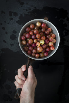 Hand holding vintage colander with gooseberries over wet slate b