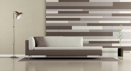 Fototapeta na wymiar Contemporary lounge with sofa and decorative panel