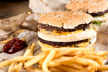Cheese burger - American cheese burger with Golden French fries