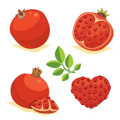 Whole and cut pomegranate icon set. Cartoon healty fruit heart isolated vector illustration. Vegeterian  vegan diet food. Ripe 