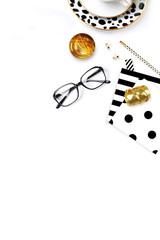 Feminine workspace. Woman desk modern. Mock-up. Flat lay. Pattern black and white. Top view. Vertical