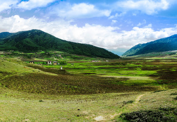 Landscape of mountain Phobjikha valley in Bhutan Himalayas © homocosmicos