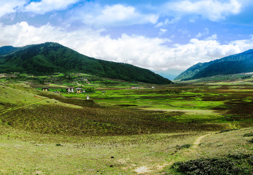 Landscape of mountain Phobjikha valley in Bhutan Himalayas