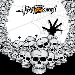 Monster and piles of skulls in a cemetery.