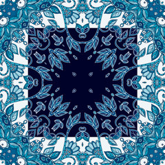 Decorative floral ornament in blue tones. Can be used for  cards, bandana prints, kerchief design, tablecloths and napkins.