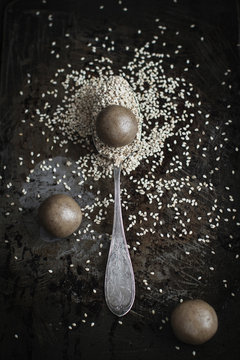 Work in progress for tahini cookies: sprinkling cookies with ses