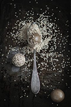 Work in progress for tahini cookies: sprinkling cookies with ses