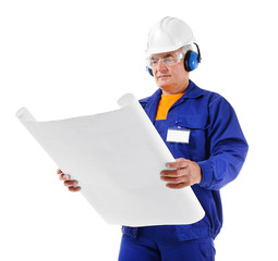 Construction worker with blueprint, isolated on white