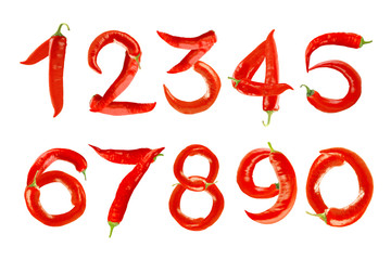 Numbers made of chili peppers on white background