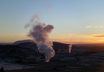 Beautiful sunset sky over the geothermal area of Myvatn, Iceland 