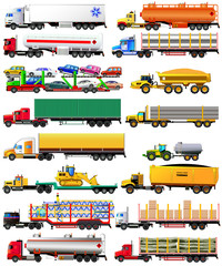 Vector set of semi-trailer trucks. Detailed, side view