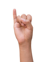 Promise right hand sign, clenched in a fist with little finger extended isolated on white background