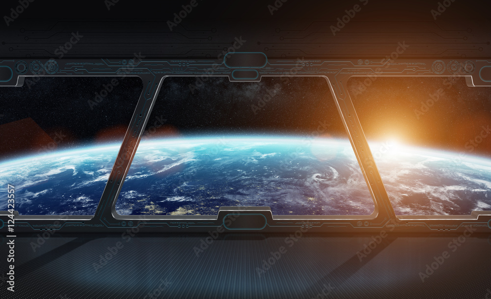 Wall mural view of planet earth from inside a space station 3d rendering el