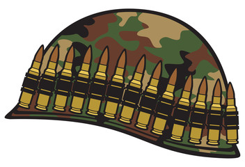 military helmet with ammo belt and camouflage pattern cover