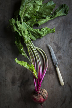 Beetroot on wooden background with knife. Top view